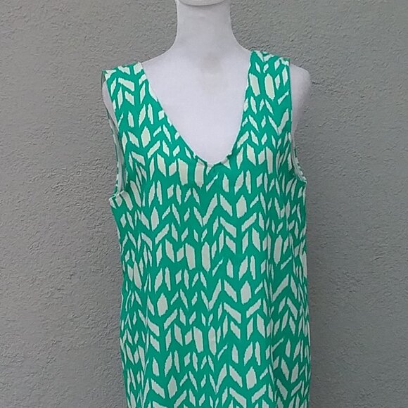 Anthropologie EVERLY Women's Shite Dress V Neck Green-White Printed Preppy  Med - Picture 2 of 6
